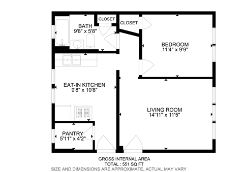 Floor plan for 1 bed, 1 bath, 700 sqft